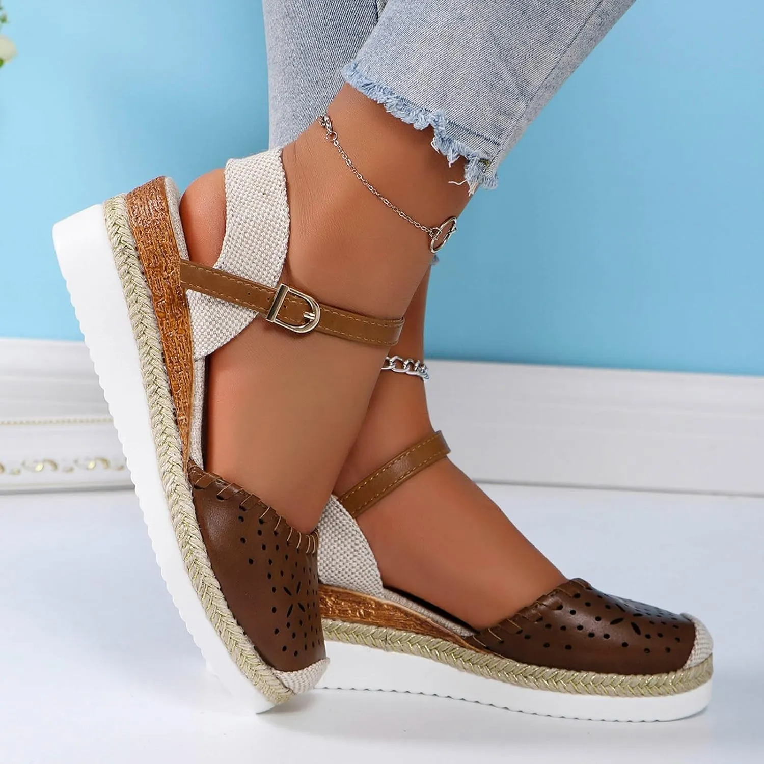 Women's Closed Toe Elastic Ankle Strap Espadrilles Wedge Sandals Orthopedic Comfortable Summer Dress Hollow Out Arch Wedge Platform Sandal Slip on Casual Beach Outdoor Wedding Espadrilles Footwear