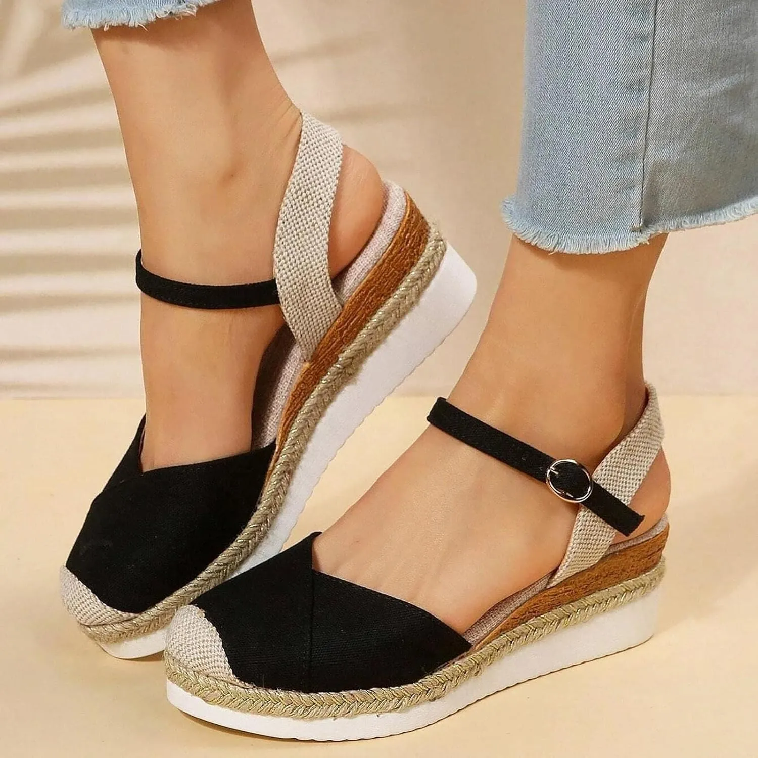 Women's Closed Toe Platform Sandals Summer Buckle Ankle Strap Espadrilles Wedges for Women, Comfortable Anti Slip Beach Walking Shoes Platform Espadrilles Sandal Fashion Dress Shoes