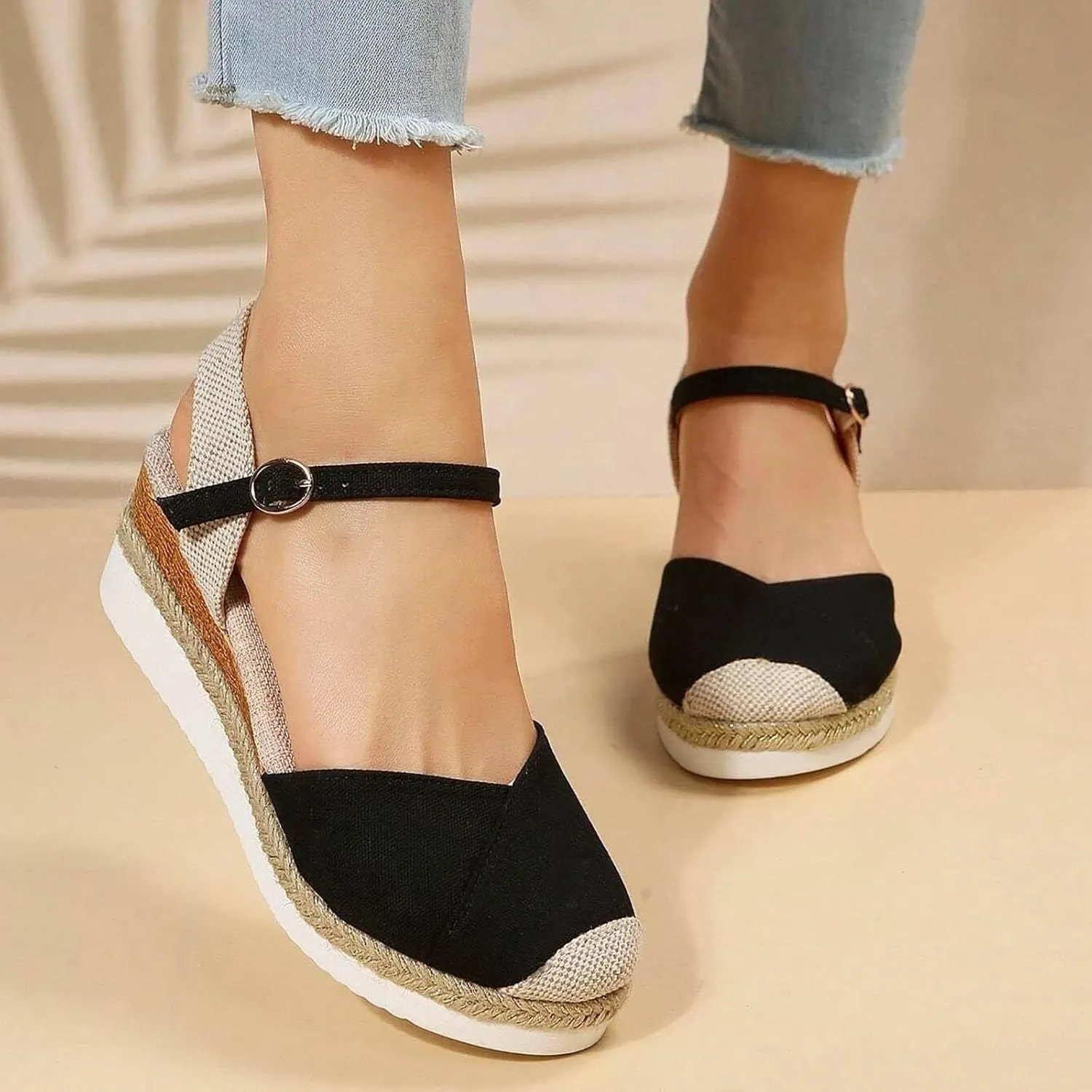 Women's Closed Toe Platform Sandals Summer Buckle Ankle Strap Espadrilles Wedges for Women, Comfortable Anti Slip Beach Walking Shoes Platform Espadrilles Sandal Fashion Dress Shoes