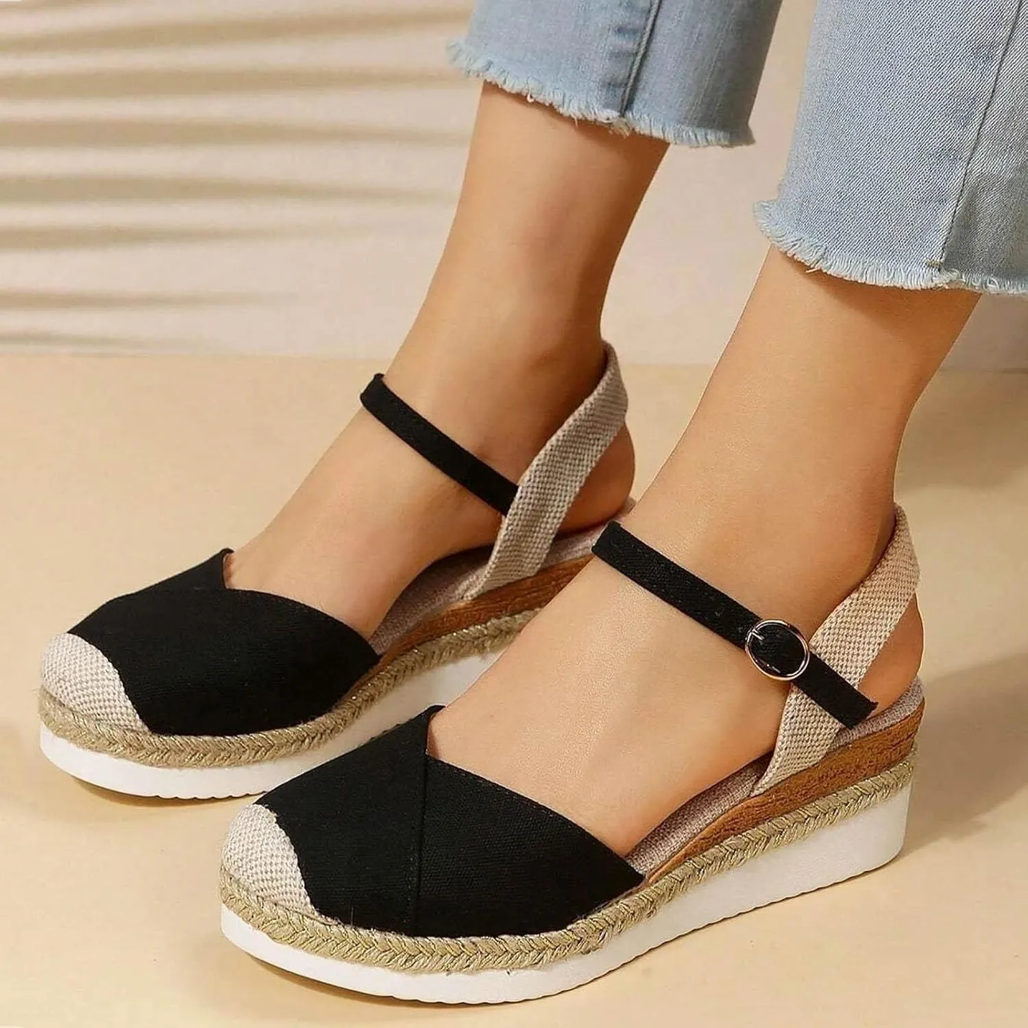 Women's Closed Toe Platform Sandals Summer Buckle Ankle Strap Espadrilles Wedges for Women, Comfortable Anti Slip Beach Walking Shoes Platform Espadrilles Sandal Fashion Dress Shoes