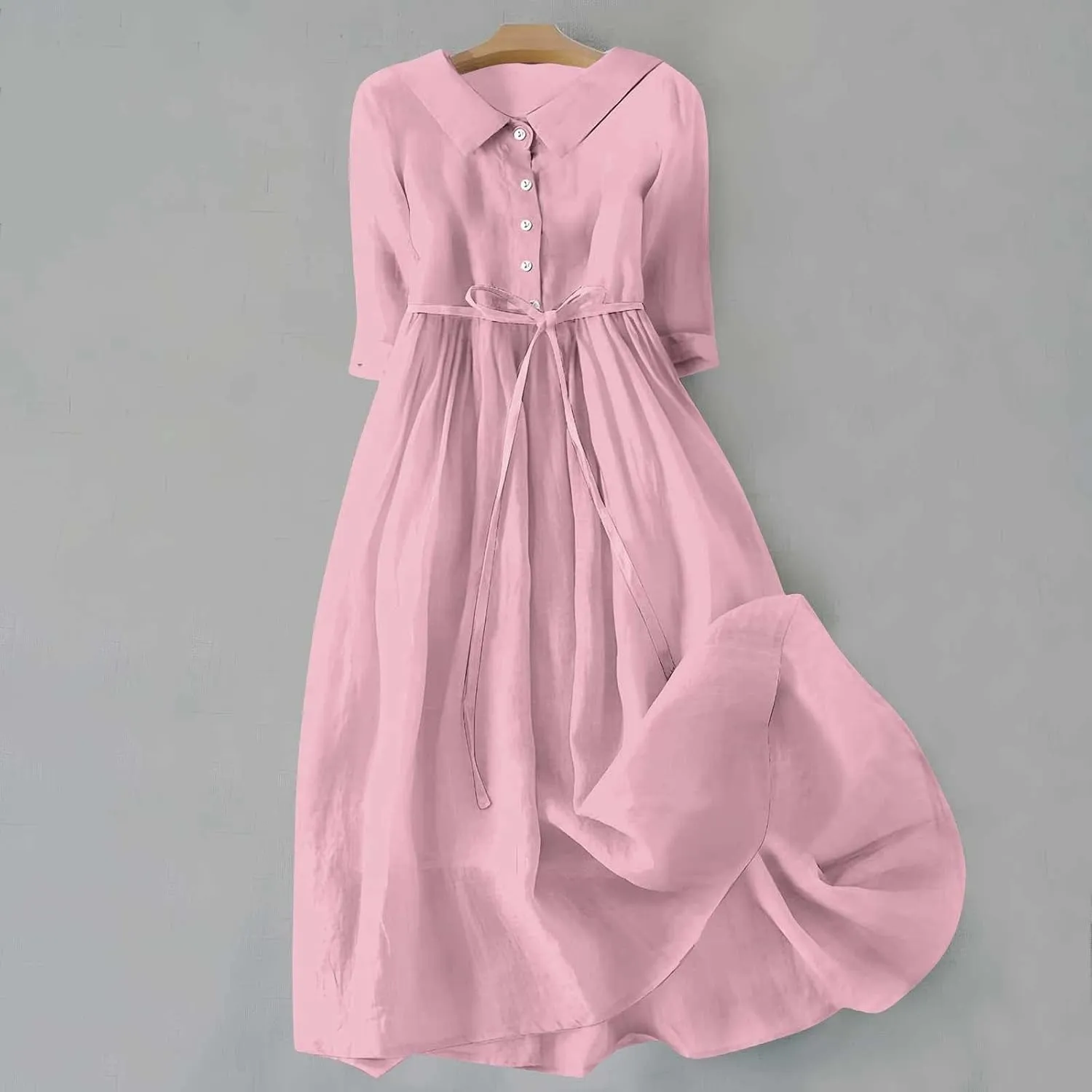 Women's Cotton Linen Button Down Shirt Dress Fashion Drawstring 3/4 Sleeve Pleated Dresses Casual Seaside Outfit 2025