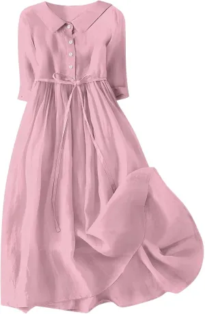 Women's Cotton Linen Button Down Shirt Dress Fashion Drawstring 3/4 Sleeve Pleated Dresses Casual Seaside Outfit 2025