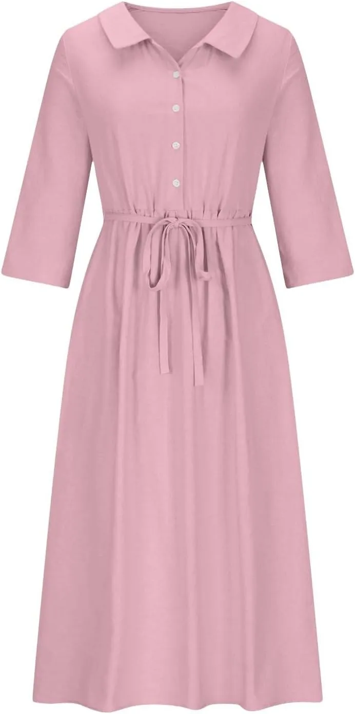Women's Cotton Linen Button Down Shirt Dress Fashion Drawstring 3/4 Sleeve Pleated Dresses Casual Seaside Outfit 2025