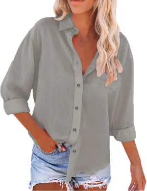 Women's Cotton Linen Cap Sleeve T-Shirt Womens Button Down Shirts 2024 Fall Casual Loose Half Button V Neck Tunic