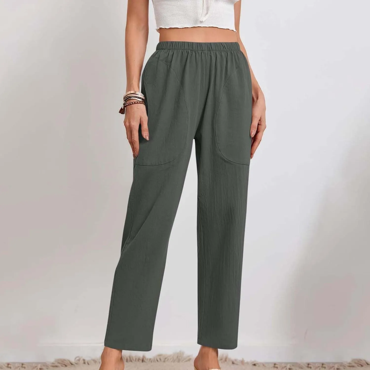 Womens Cotton Linen Cropped Pants Elastic High Waist Folded Hem Pants Casual Summer Trousers with Pockets