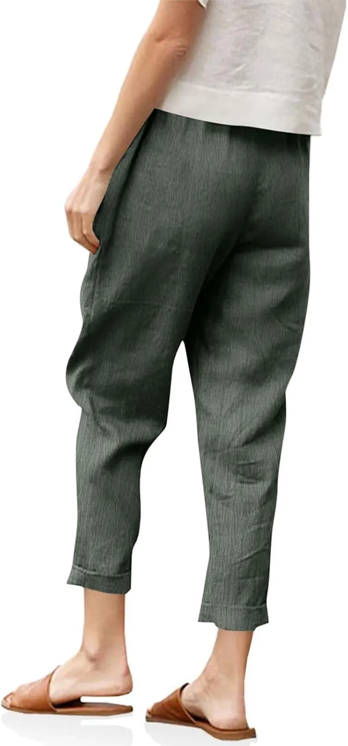 Womens Cotton Linen Cropped Pants Elastic High Waist Folded Hem Pants Casual Summer Trousers with Pockets