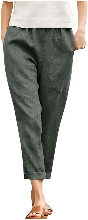 Womens Cotton Linen Cropped Pants Elastic High Waist Folded Hem Pants Casual Summer Trousers with Pockets