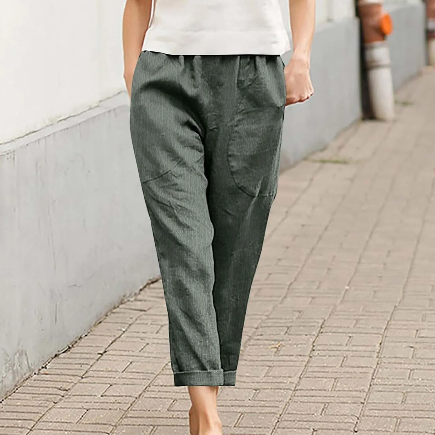 Womens Cotton Linen Cropped Pants Elastic High Waist Folded Hem Pants Casual Summer Trousers with Pockets