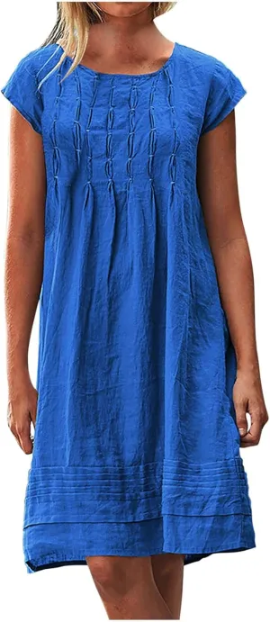 Women's Cotton Linen Dress Pleated Summer Dresses Round Neck Short Sleeve Sundress Beach Vacation Casual Mini Dress