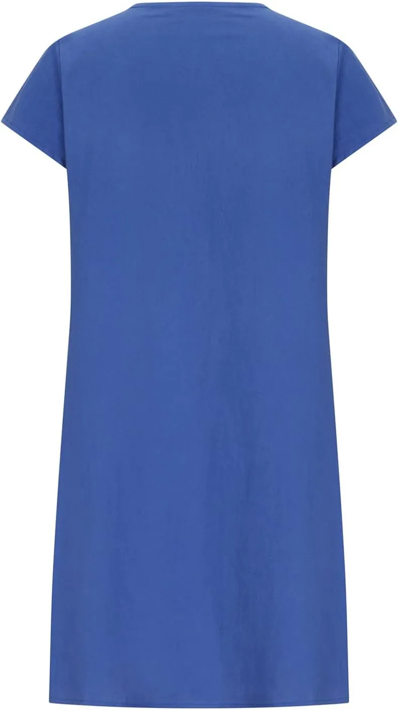 Women's Cotton Linen Dress Pleated Summer Dresses Round Neck Short Sleeve Sundress Beach Vacation Casual Mini Dress