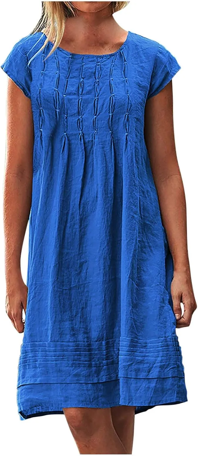 Women's Cotton Linen Dress Pleated Summer Dresses Round Neck Short Sleeve Sundress Beach Vacation Casual Mini Dress