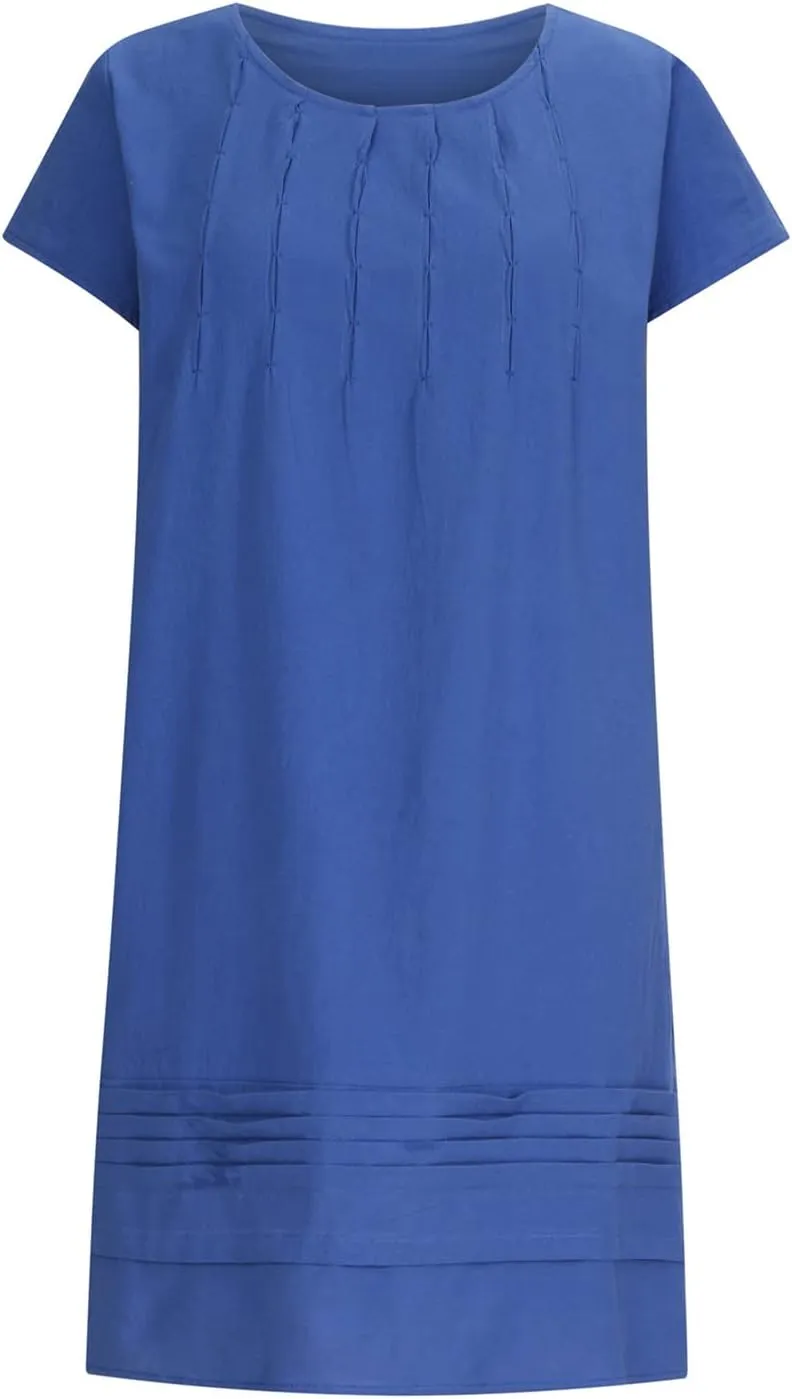 Women's Cotton Linen Dress Pleated Summer Dresses Round Neck Short Sleeve Sundress Beach Vacation Casual Mini Dress