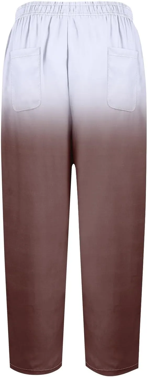 Womens Cotton Linen Pants Drawstring Capri Pants with Pockets Wide Wide Straight Leg Pants Women Elastic Waist Pants