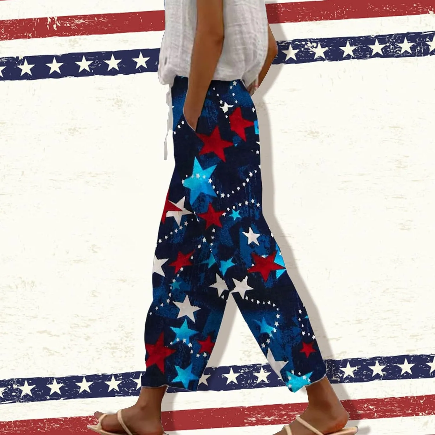 Womens Cotton Linen Pants Drawstring Capri Pants with Pockets Wide Wide Straight Leg Pants Women Elastic Waist Pants
