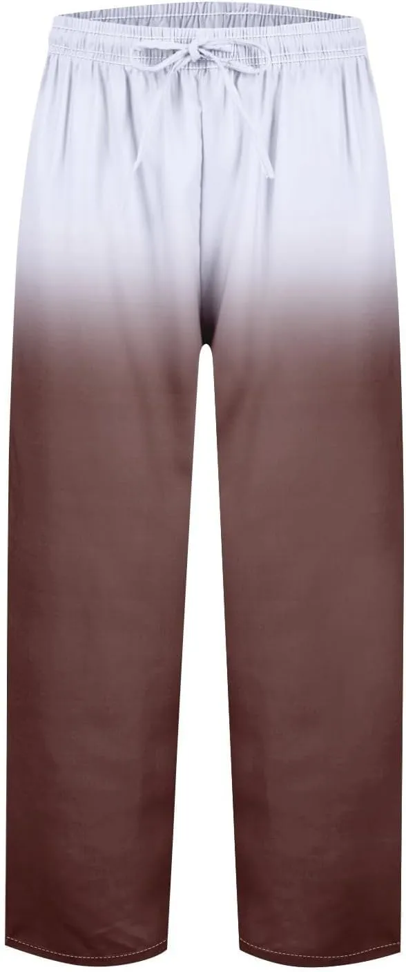 Womens Cotton Linen Pants Drawstring Capri Pants with Pockets Wide Wide Straight Leg Pants Women Elastic Waist Pants