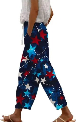 Womens Cotton Linen Pants Drawstring Capri Pants with Pockets Wide Wide Straight Leg Pants Women Elastic Waist Pants