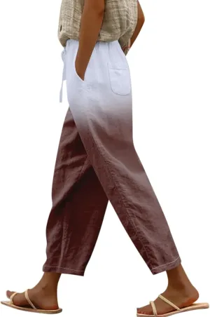 Womens Cotton Linen Pants Drawstring Capri Pants with Pockets Wide Wide Straight Leg Pants Women Elastic Waist Pants