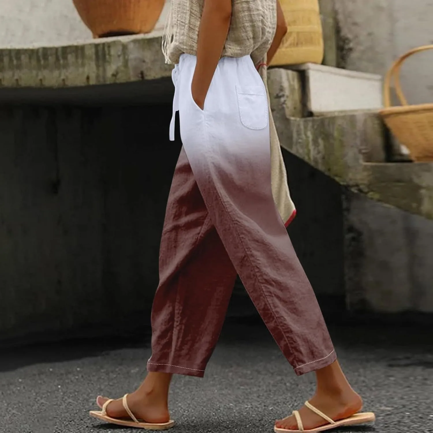Womens Cotton Linen Pants Drawstring Capri Pants with Pockets Wide Wide Straight Leg Pants Women Elastic Waist Pants