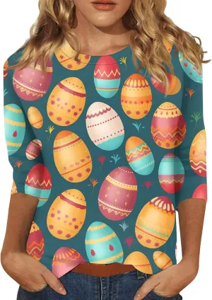 Womens Cute Bunny Rabbit Print T Shirt Happy Easter Graphic Tee 3/4 Length Sleeve Round Neck Blouse Casual Easter Top