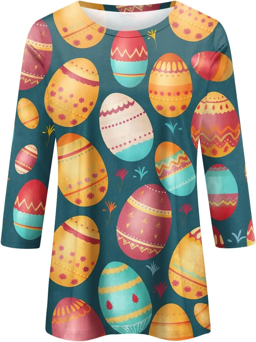 Womens Cute Bunny Rabbit Print T Shirt Happy Easter Graphic Tee 3/4 Length Sleeve Round Neck Blouse Casual Easter Top