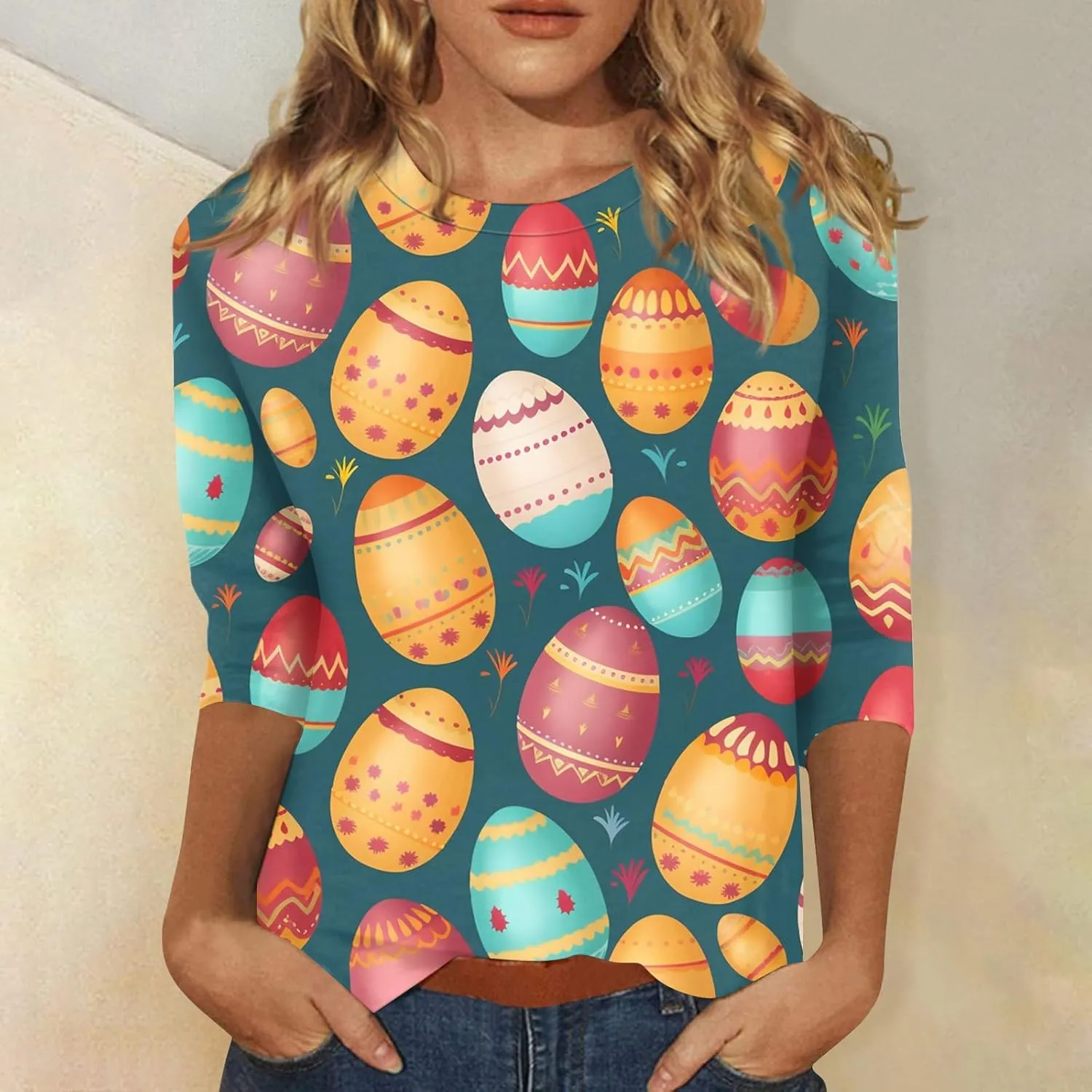 Womens Cute Bunny Rabbit Print T Shirt Happy Easter Graphic Tee 3/4 Length Sleeve Round Neck Blouse Casual Easter Top