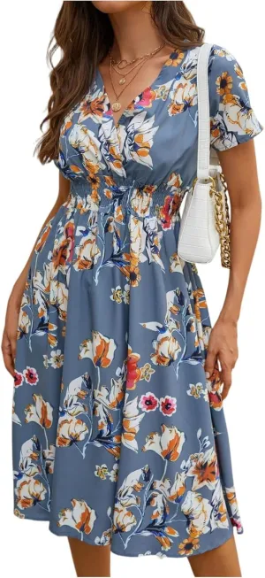 Womens Dresses 2025 Boho Floral V Neck Short Sleeve Smocked Elastic Waist Casual A-Line Swing Mini Dress Sundress