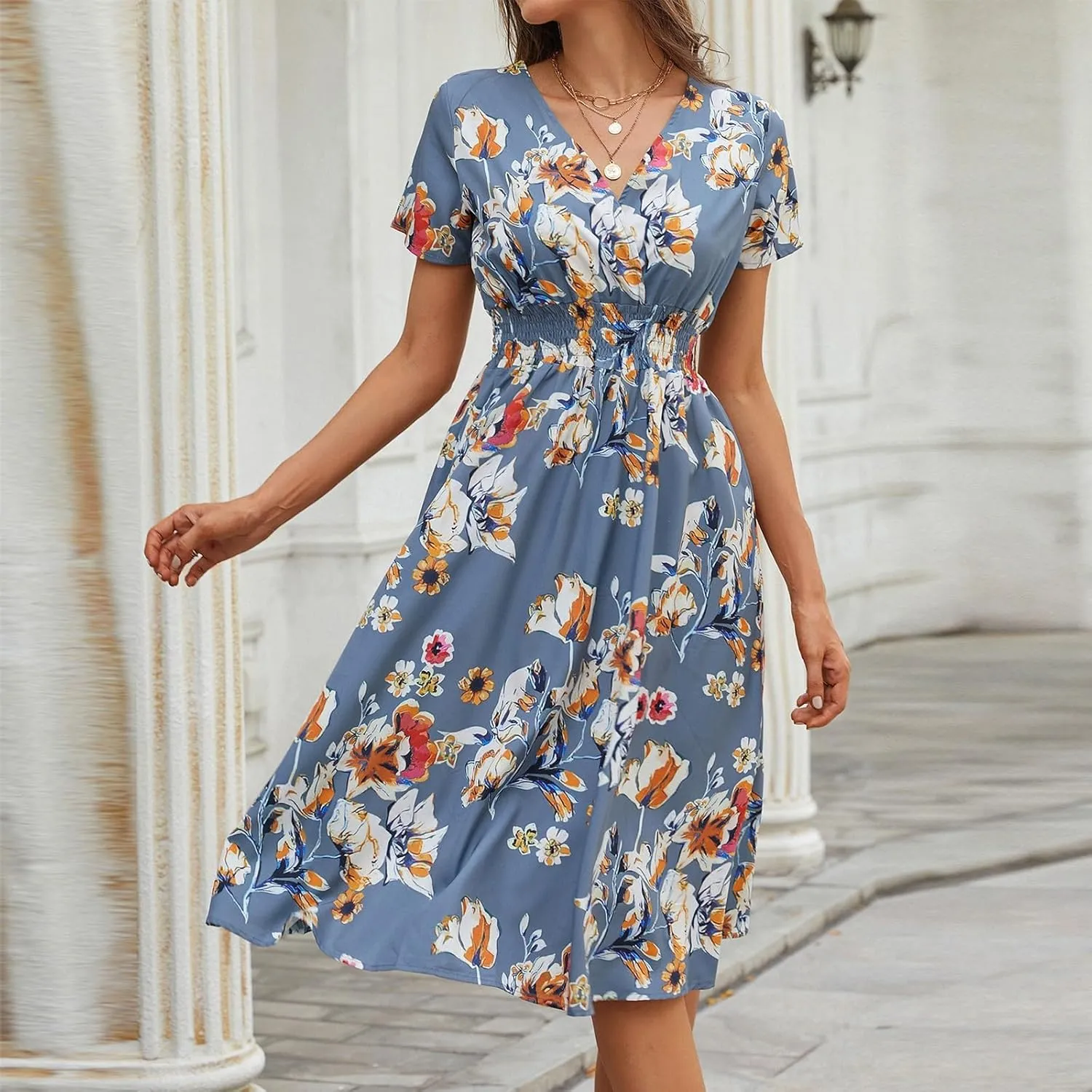 Womens Dresses 2025 Boho Floral V Neck Short Sleeve Smocked Elastic Waist Casual A-Line Swing Mini Dress Sundress