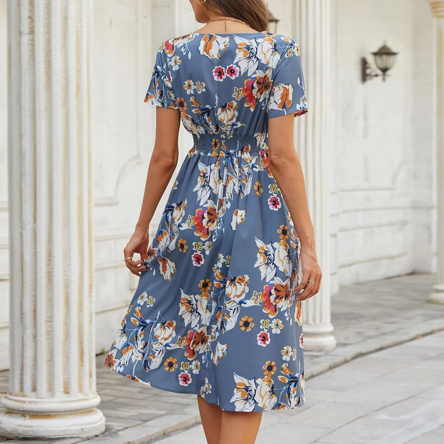 Womens Dresses 2025 Boho Floral V Neck Short Sleeve Smocked Elastic Waist Casual A-Line Swing Mini Dress Sundress