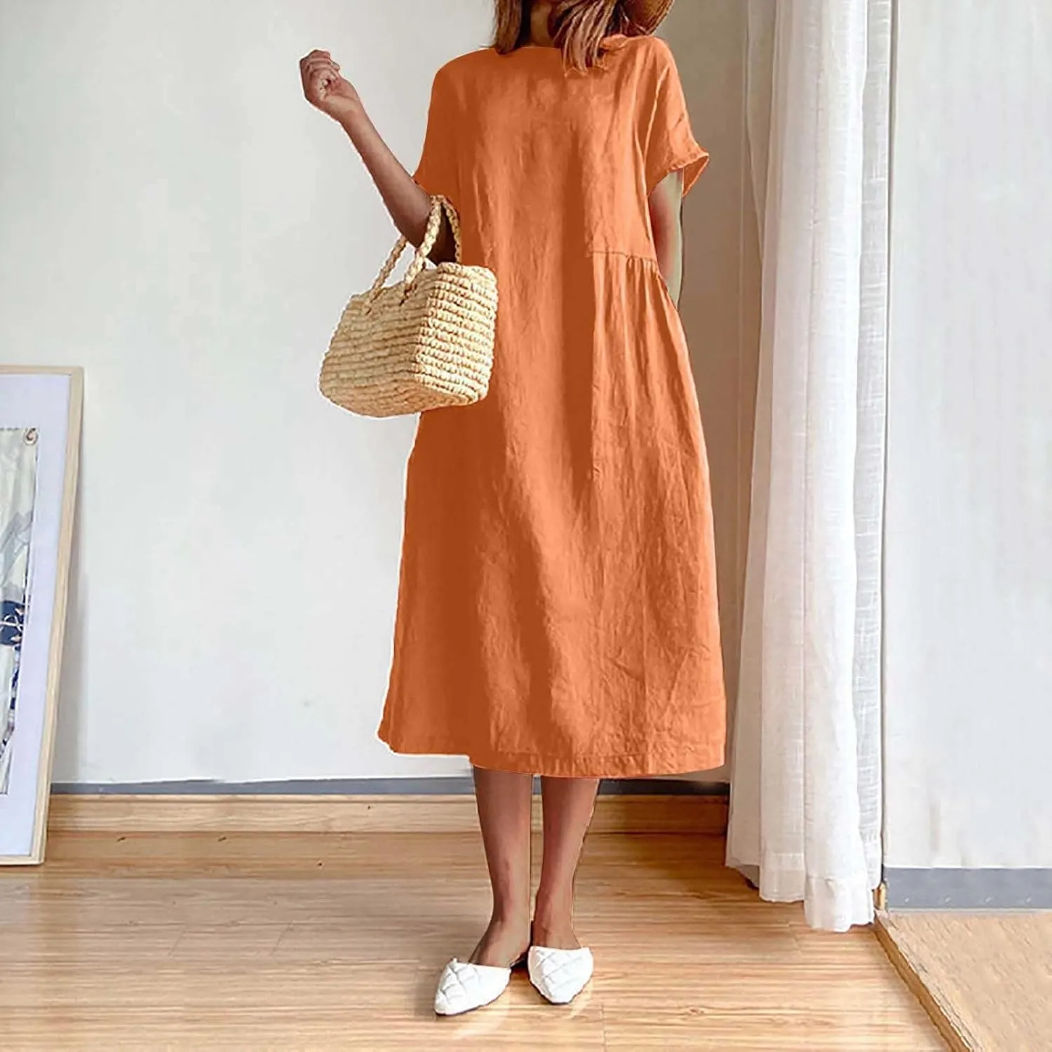 Womens Dresses 2025 Fashion Short Sleeve Solid Color Midi Dress Spring Round Neck Loose Linen Dress with Pockets