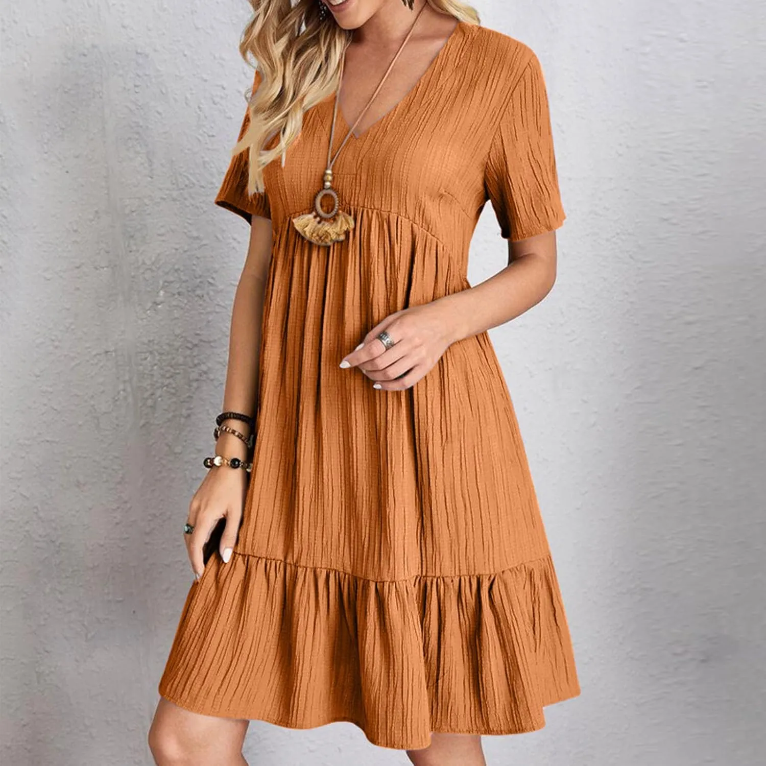 Womens Dresses 2025 Summer Spring V Neck Short Sleeve Casual a Line Ruffle Flowy Swing Dress Mini Dress Beach Dresses