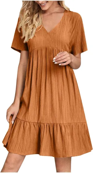 Womens Dresses 2025 Summer Spring V Neck Short Sleeve Casual a Line Ruffle Flowy Swing Dress Mini Dress Beach Dresses