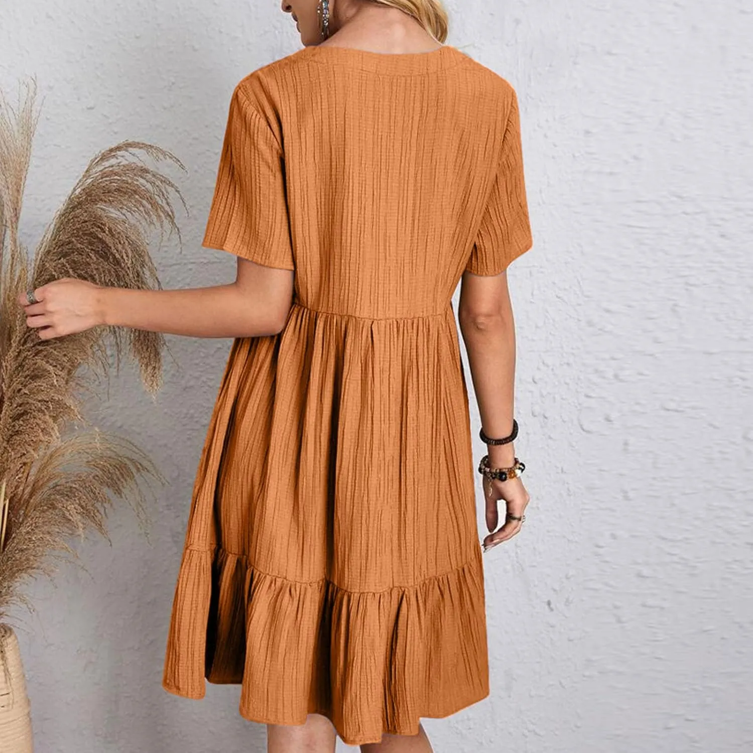 Womens Dresses 2025 Summer Spring V Neck Short Sleeve Casual a Line Ruffle Flowy Swing Dress Mini Dress Beach Dresses