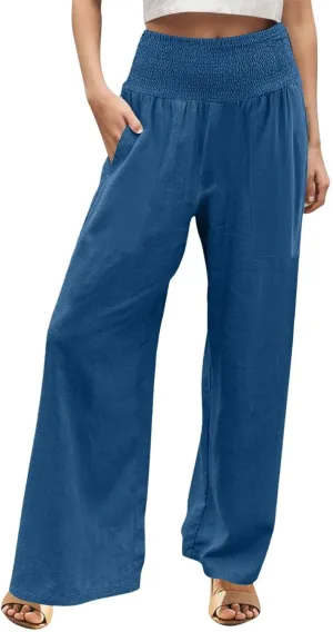 Womens Elastic High Waisted Palazzo Pants Casual Wide Leg Smock Lounge Pant Solid Beach Trousers with Pocket