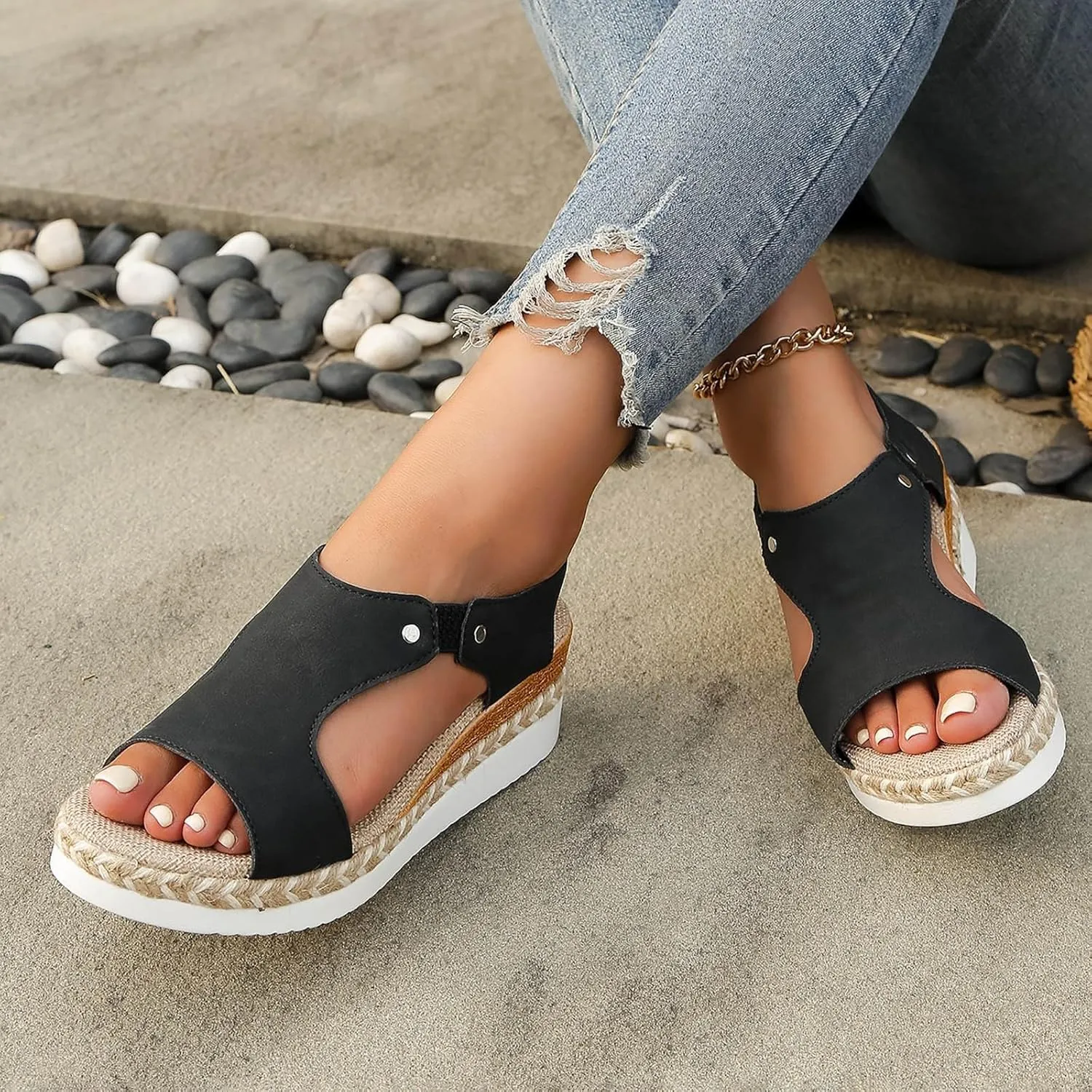 Women's Espadrilles Flatform Open Toe Sandal Buckle Slingback Cross Band Slip On Flat Heels Sandal Summer Dress Orthopedic Supportive Comfortable Comfort Orthotic Breathable Travel Espadrilles Shoes