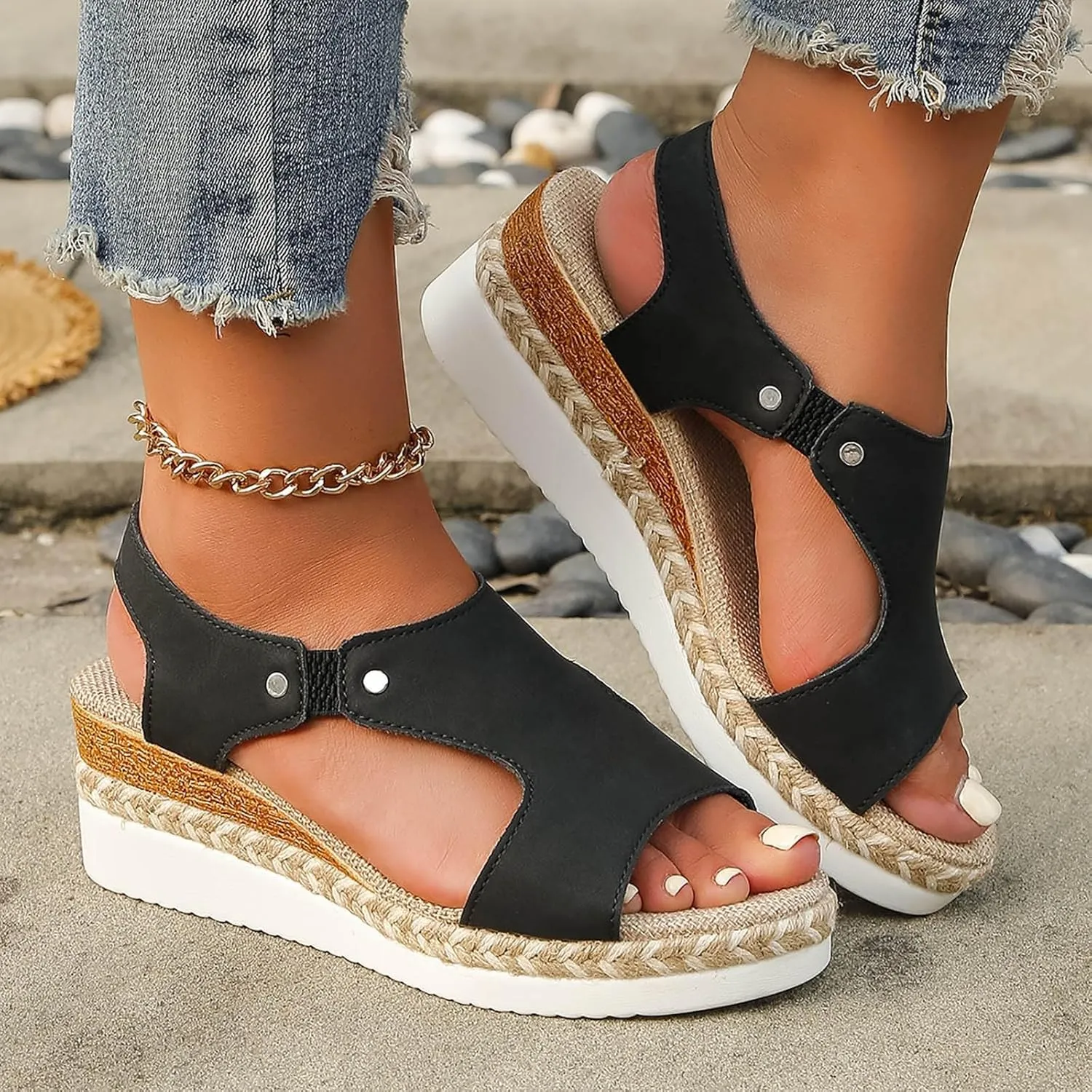 Women's Espadrilles Flatform Open Toe Sandal Buckle Slingback Cross Band Slip On Flat Heels Sandal Summer Dress Orthopedic Supportive Comfortable Comfort Orthotic Breathable Travel Espadrilles Shoes