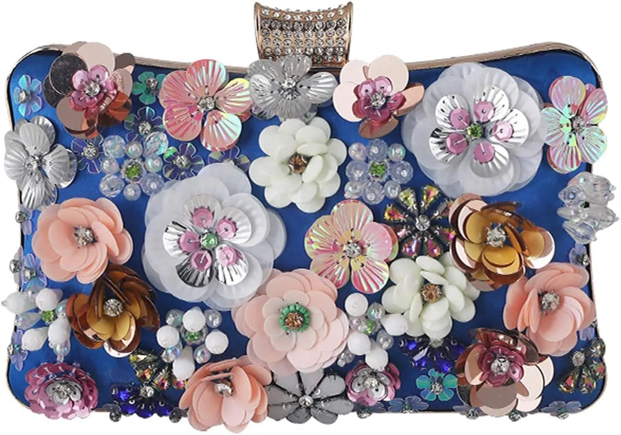 Women's Evening Bag Colorful Floral Clutch Purses 3D Sequin Flower Handbag Elegant Crossbody Bag Banquet Bag