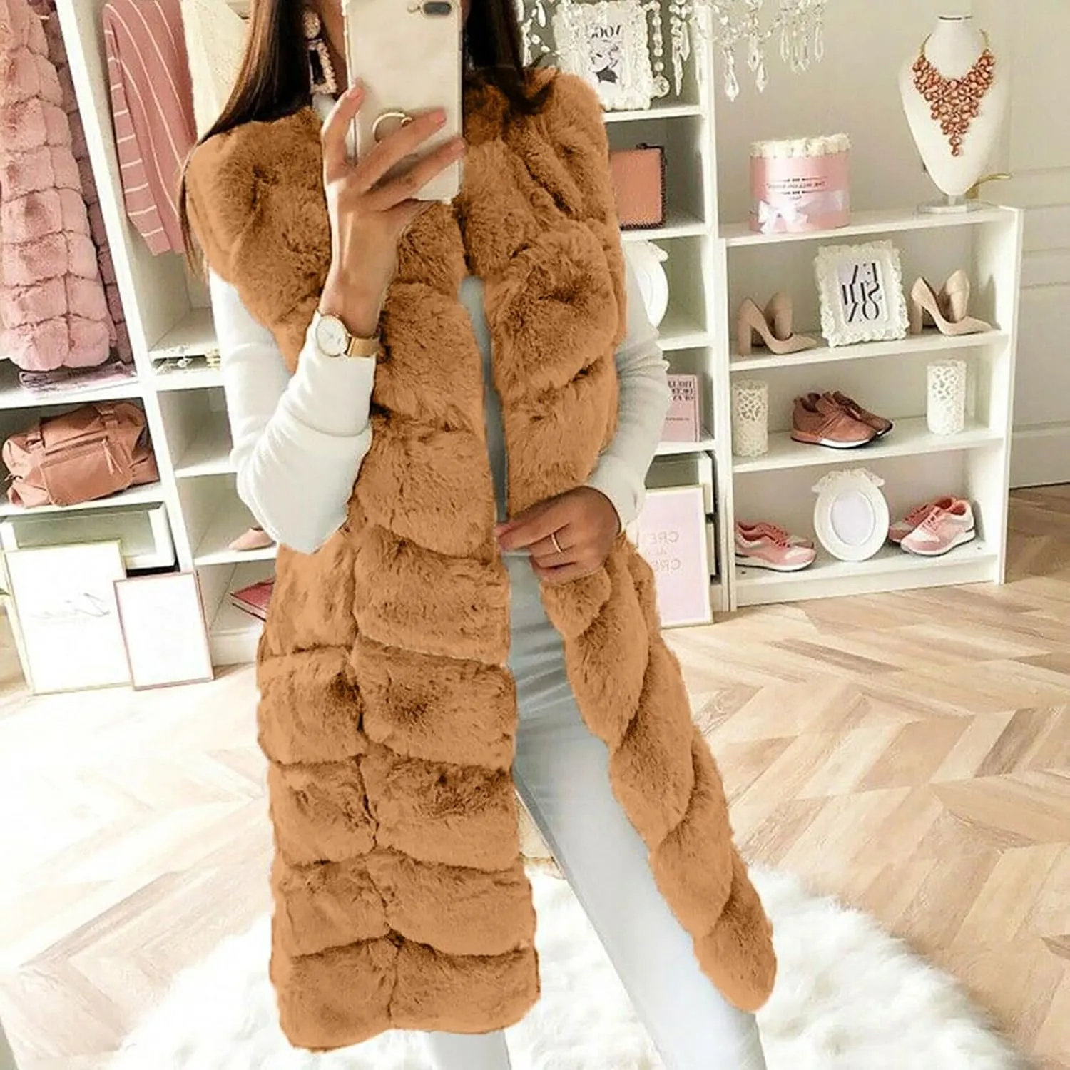 Womens Faux Fur Gilet Coats Sleeveless Waistcoat Solid Color Warmer Jacket Fluffy Coat Winter Outwear Tops