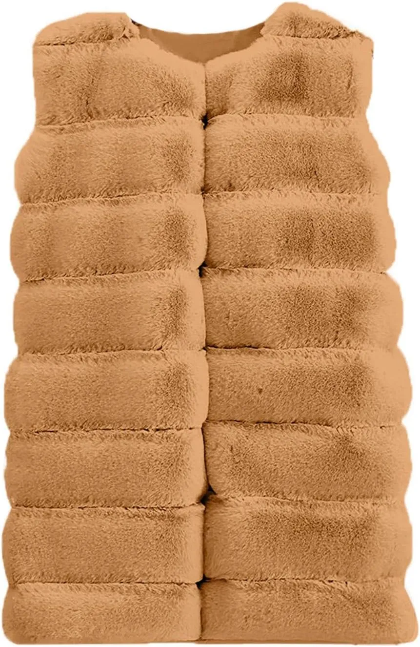 Womens Faux Fur Gilet Coats Sleeveless Waistcoat Solid Color Warmer Jacket Fluffy Coat Winter Outwear Tops