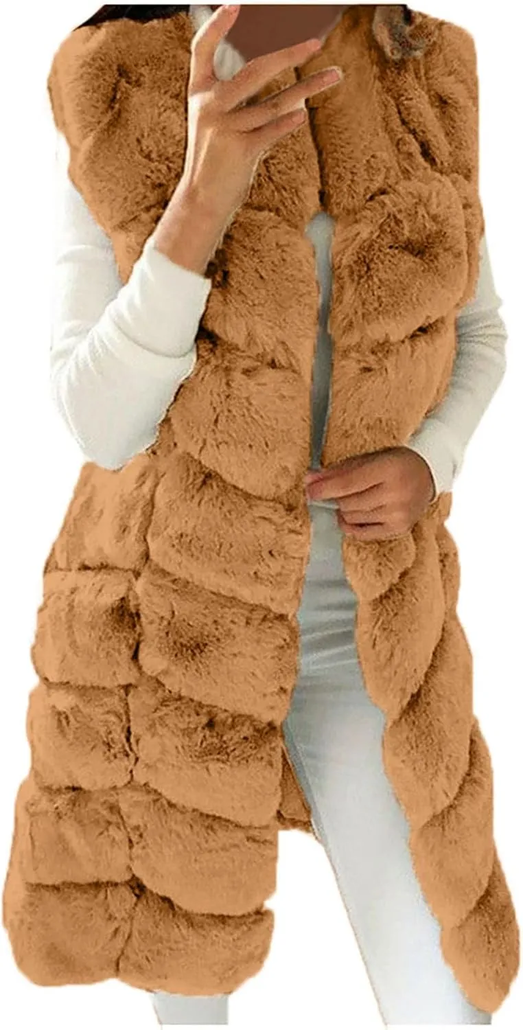 Womens Faux Fur Gilet Coats Sleeveless Waistcoat Solid Color Warmer Jacket Fluffy Coat Winter Outwear Tops
