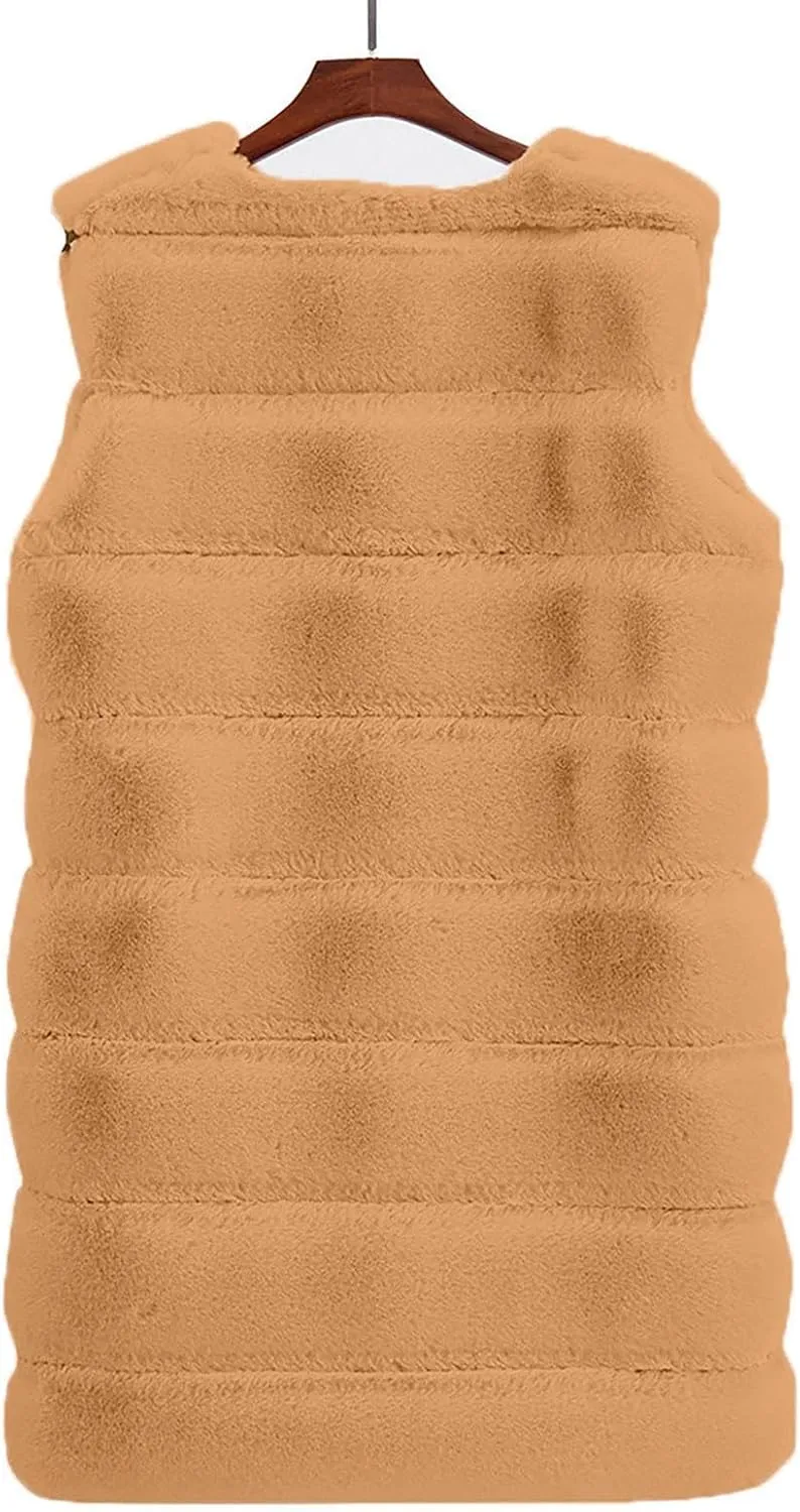 Womens Faux Fur Gilet Coats Sleeveless Waistcoat Solid Color Warmer Jacket Fluffy Coat Winter Outwear Tops
