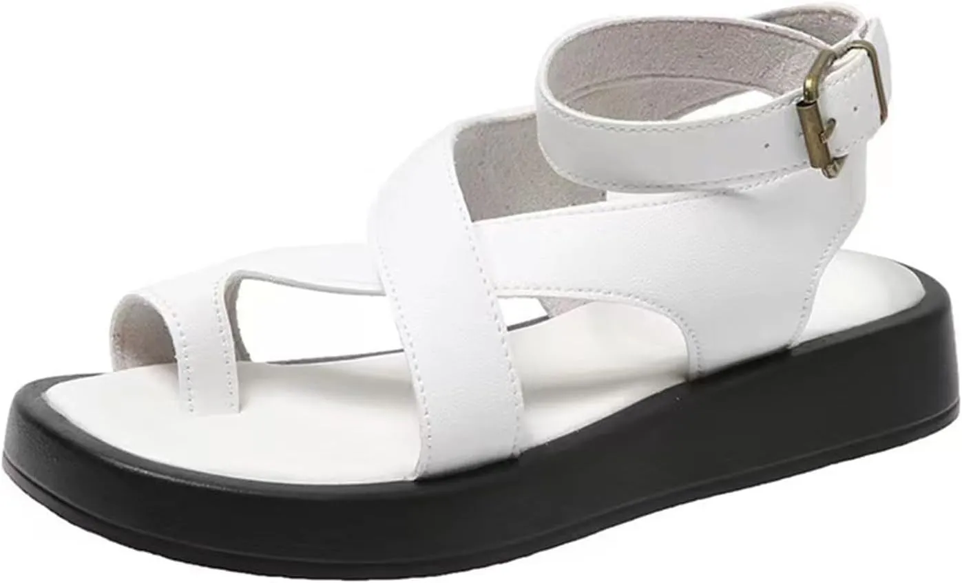 Womens Flat Thong Sandals Criss Cross Ankle Buckle Strap Platform Sandals Comfortable Footbed Flip Flops Beach Shoes