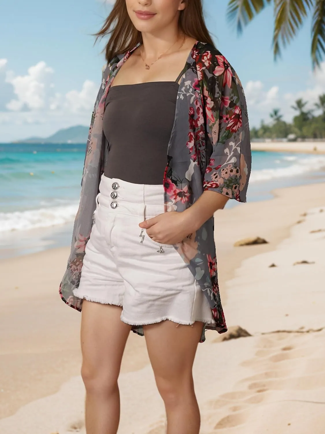Women's Floral Print Chiffon Kimono Cardigan Loose Puff Sleeve Coverups Summer Beach Tops Cover up