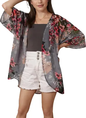 Women's Floral Print Chiffon Kimono Cardigan Loose Puff Sleeve Coverups Summer Beach Tops Cover up
