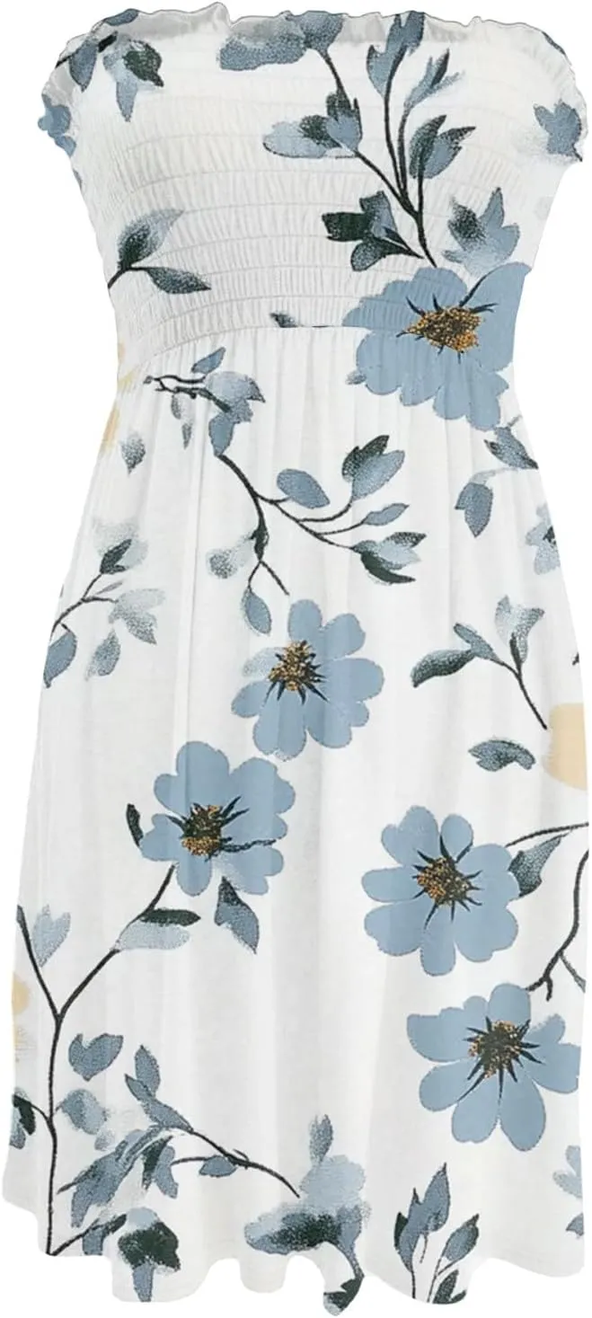 Women's Floral Tube Top Dress Cute Strapless Dress A Line Beach Vacation Sundress Smocked Boho Summer Sundresses