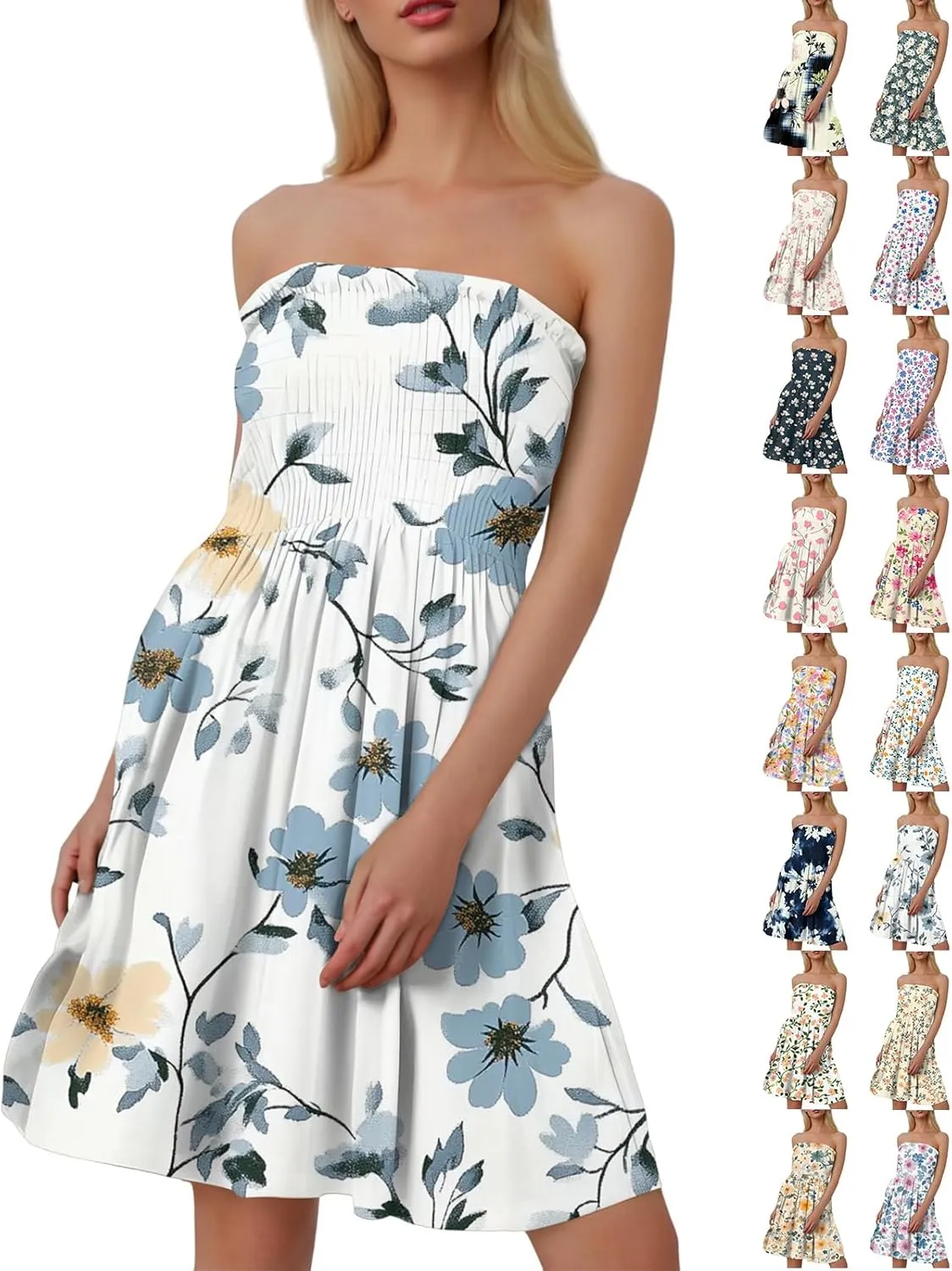 Women's Floral Tube Top Dress Cute Strapless Dress A Line Beach Vacation Sundress Smocked Boho Summer Sundresses