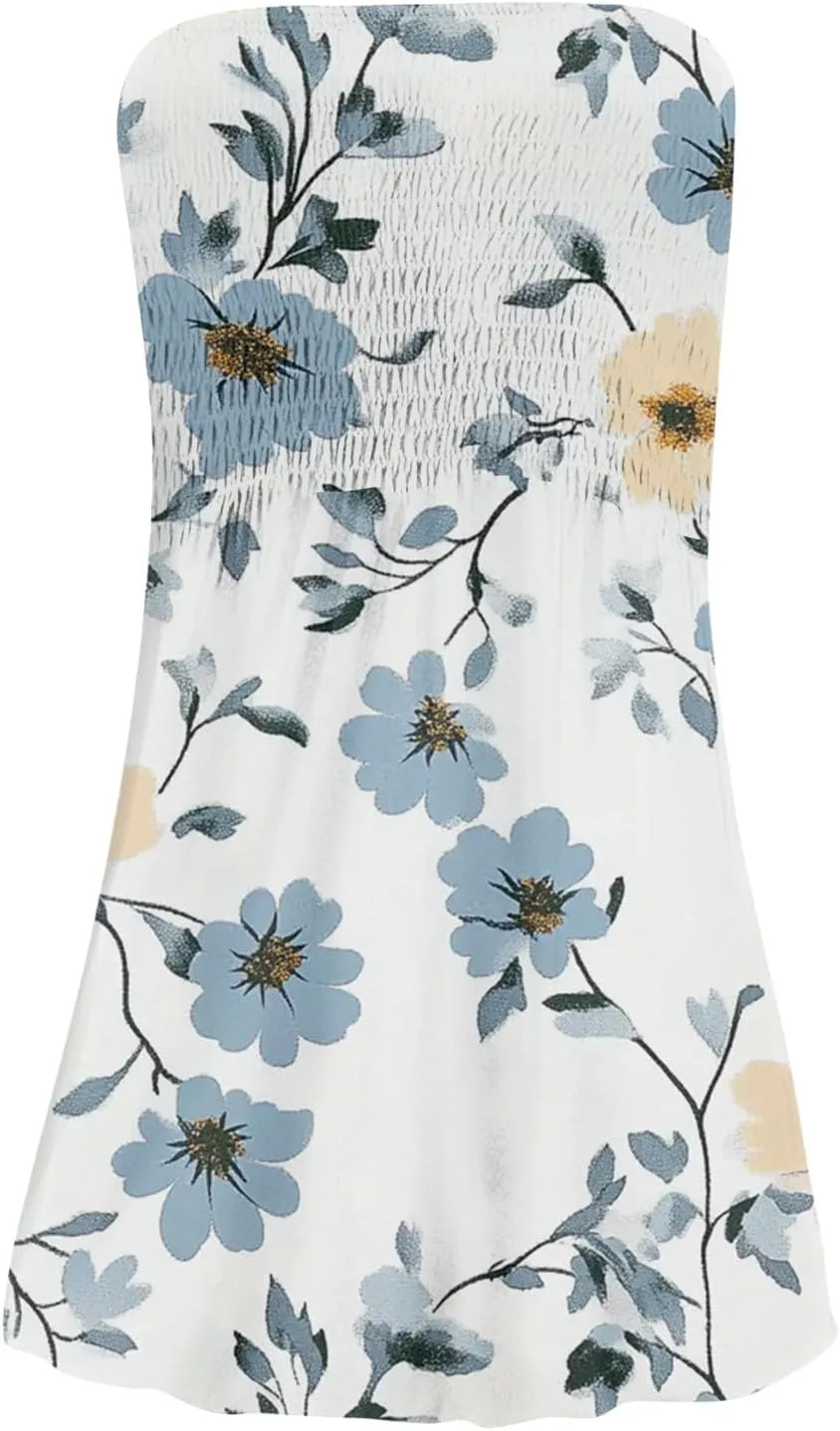 Women's Floral Tube Top Dress Cute Strapless Dress A Line Beach Vacation Sundress Smocked Boho Summer Sundresses