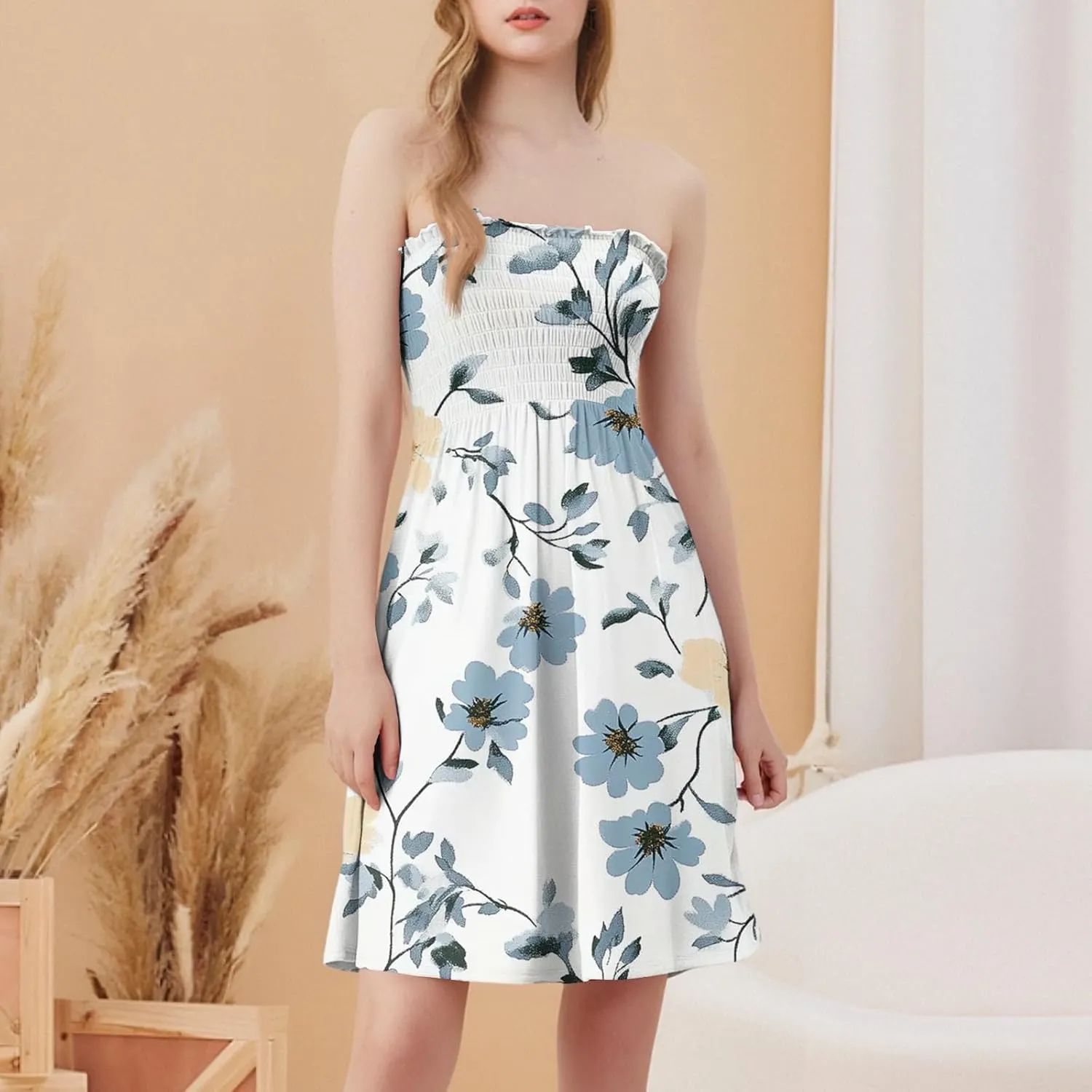 Women's Floral Tube Top Dress Cute Strapless Dress A Line Beach Vacation Sundress Smocked Boho Summer Sundresses