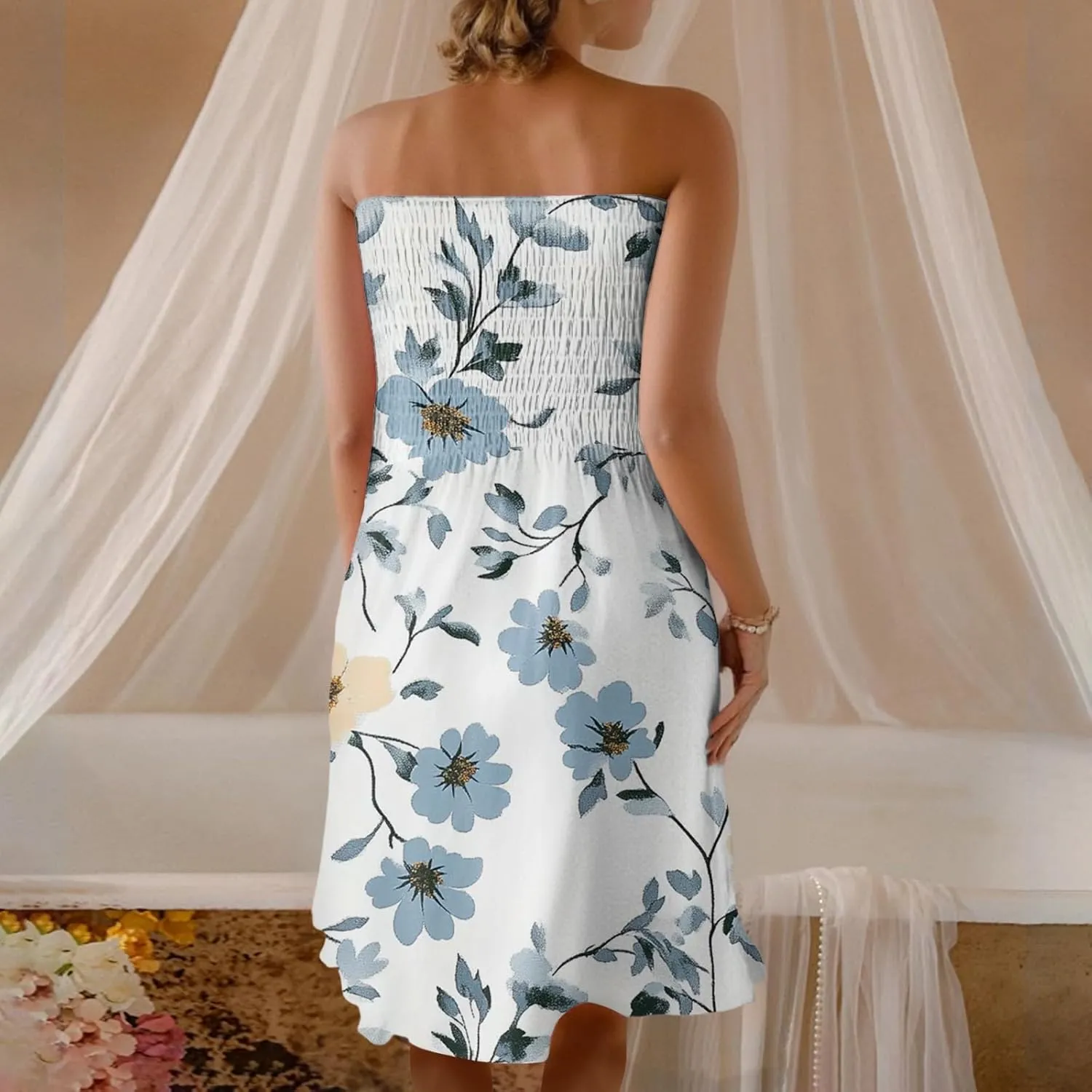 Women's Floral Tube Top Dress Cute Strapless Dress A Line Beach Vacation Sundress Smocked Boho Summer Sundresses