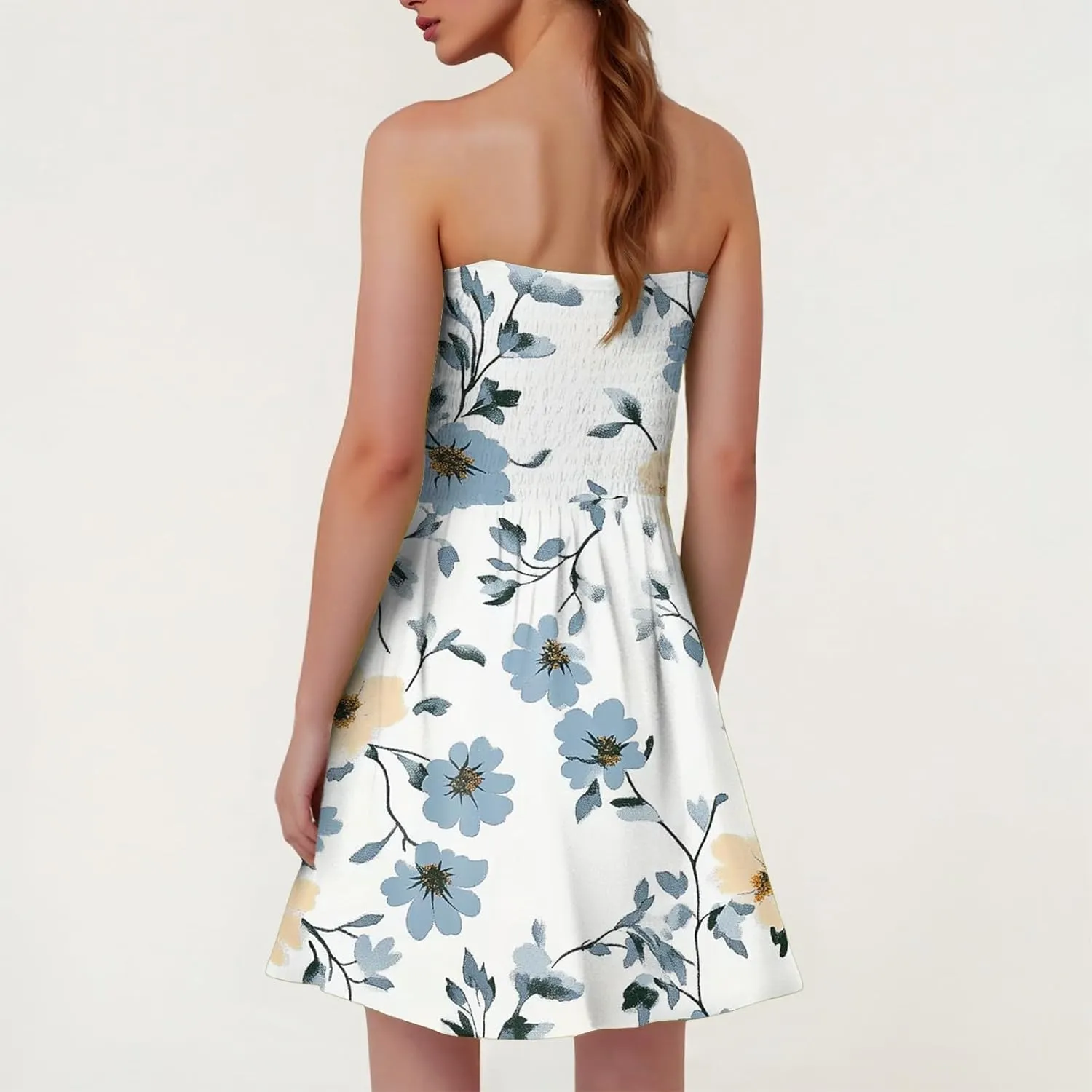 Women's Floral Tube Top Dress Cute Strapless Dress A Line Beach Vacation Sundress Smocked Boho Summer Sundresses