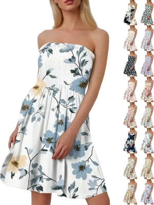 Women's Floral Tube Top Dress Cute Strapless Dress A Line Beach Vacation Sundress Smocked Boho Summer Sundresses